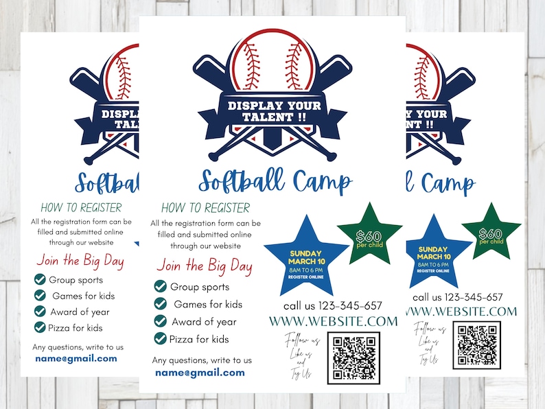 May include: A flyer for a softball camp featuring a baseball graphic with crossed bats and the text DISPLAY YOUR TALENT. It includes registration details, a schedule for Sunday March 10, a QR code, and contact information including a phone number and email.