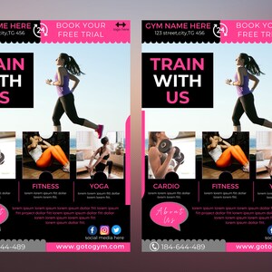 May include: A pink and black flyer advertising a gym with the text "Train with Us". The flyer features images of people working out, including cardio, fitness, and yoga. The flyer also includes the gym's name, address, phone number, and website.