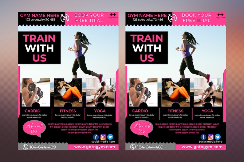 May include: A pink and black flyer advertising a gym with the text "Train with Us". The flyer features images of people working out, including cardio, fitness, and yoga. The flyer also includes the gym's name, address, phone number, and website.
