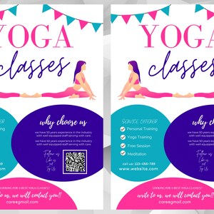 May include: A flyer advertising yoga classes with a pink and blue color scheme. The flyer features two women in yoga poses and includes information about the services offered, reasons to choose the studio, contact information, and a QR code. The text on the flyer reads "Yoga classes".