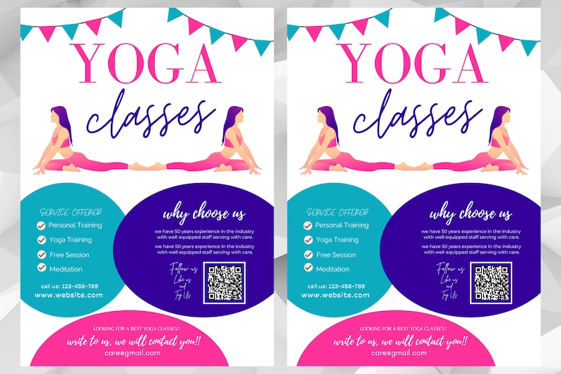 May include: A flyer advertising yoga classes with a pink and blue color scheme. The flyer features two women in yoga poses and includes information about the services offered, reasons to choose the studio, contact information, and a QR code. The text on the flyer reads "Yoga classes".