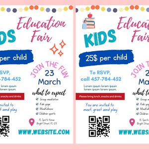 Puede incluir: Un folleto para una Feria de Educaci&oacute;n Infantil con el texto "KIDS" en turquesa y "Education Fair" en rosa. Incluye detalles como la fecha, informaci&oacute;n de RSVP y actividades. El folleto est&aacute; decorado con acentos coloridos.