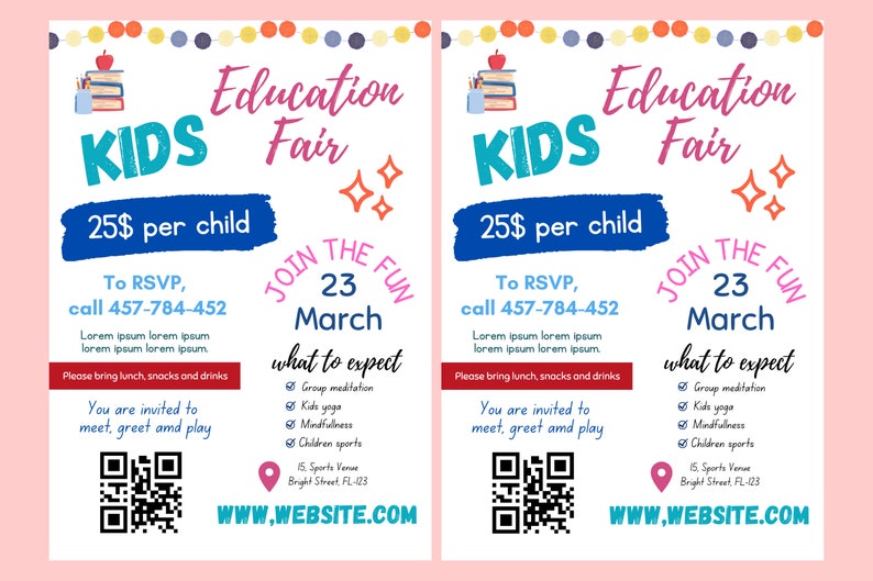Puede incluir: Un folleto para una Feria de Educaci&oacute;n Infantil con el texto "KIDS" en turquesa y "Education Fair" en rosa. Incluye detalles como la fecha, informaci&oacute;n de RSVP y actividades. El folleto est&aacute; decorado con acentos coloridos.
