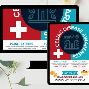 K&ouml;nnte beinhalten: Ein Computermonitor und ein Tablet zeigen ein Design f&uuml;r das Bewusstsein f&uuml;r Z&ouml;liakie. Das Design weist ein rot-blaues Farbschema mit einem wei&szlig;en Kreuz und dem Text "CELIAC DISEASE AWARENESS" auf. Zus&auml;tzlicher Text enth&auml;lt "PLACE TEXT HERE", das Datum, eine Telefonnummer und eine Website.