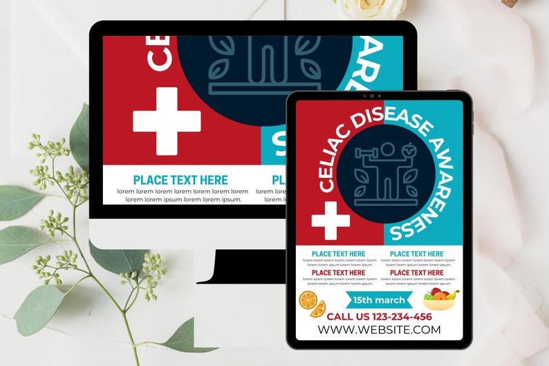K&ouml;nnte beinhalten: Ein Computermonitor und ein Tablet zeigen ein Design f&uuml;r das Bewusstsein f&uuml;r Z&ouml;liakie. Das Design weist ein rot-blaues Farbschema mit einem wei&szlig;en Kreuz und dem Text "CELIAC DISEASE AWARENESS" auf. Zus&auml;tzlicher Text enth&auml;lt "PLACE TEXT HERE", das Datum, eine Telefonnummer und eine Website.