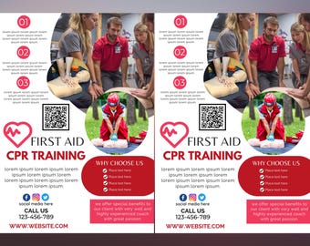 May include: A First Aid CPR Training flyer featuring a red heart icon, a QR code, and photographs of individuals performing chest compressions on medical training mannequins. The layout includes sections for text, contact information, and social media icons.