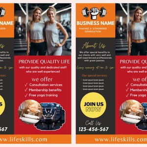 May include: Gym advertisement with two women in athletic wear. The ad features the business name, a barbell logo, and text promoting consultation services, membership benefits, and free yoga training. Includes a call to action to join now.