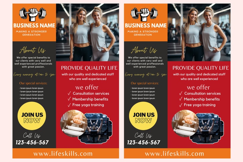May include: Gym advertisement with two women in athletic wear. The ad features the business name, a barbell logo, and text promoting consultation services, membership benefits, and free yoga training. Includes a call to action to join now.