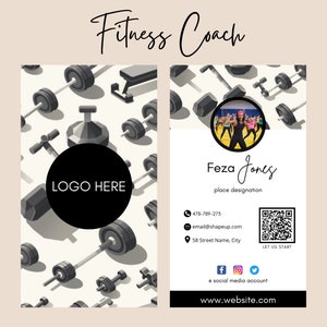 May include: Business card design for a fitness coach. The card features a pattern of gym equipment, a photo of the coach, and contact information. The text "Fitness Coach" is written at the top.
