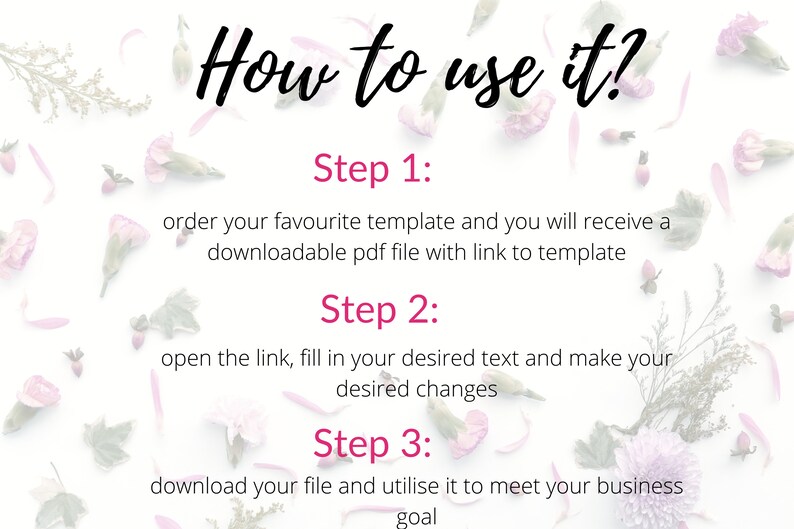 以下が含まれることがあります： 白い背景に花のアクセントとテキスト：「How to use it?」と3つのステップ。ステップ1：テンプレートを注文し、PDFを受け取ります。ステップ2：リンクを開き、テキストを入力します。ステップ3：ファイルをダウンロードしてビジネス目標を達成します。