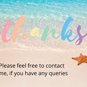 K&ouml;nnte beinhalten: Eine bunte "Danke"-Botschaft am Strand mit einem Seestern im Sand. Der Text lautet "Bitte z&ouml;gere nicht, mich zu kontaktieren, wenn du Fragen hast".