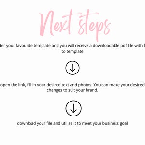 May include: A white background with the text "Next steps" in pink script. Instructions include ordering a template, downloading a PDF, and utilizing it for business goals. Arrows point down to guide the reader.