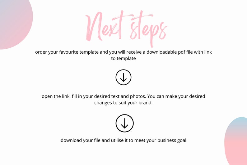 May include: A white background with the text "Next steps" in pink script. Instructions include ordering a template, downloading a PDF, and utilizing it for business goals. Arrows point down to guide the reader.