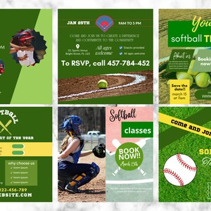 Könnte beinhalten: Vier grüne und gelbe Flyer für ein Jugend-Softball-Turnier. Die Flyer zeigen einen Softball, einen Baseballschläger und den Text "Softball-Turnier des Jahres", "Jugend-Softball-Tryout", "Softball-Kurse" und "Komm und mach mit beim Spaß-Softball-Turnier".