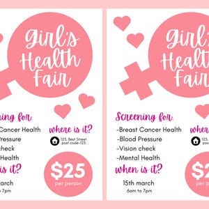 Health Fair FLYER CANVA| A4 Flyer template |health poster|editable flyer|girl health fair|digital| clinic template|instant download