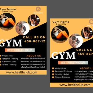 May include: A black and orange gym flyer with the text "GYM" in large white letters. The flyer includes the text "Best Health Club", "Call Us On 456-867-12", "About Us", and "www.healthclub.com". The flyer also includes a list of services offered, including weight loss, personal training, nutrition and diet, and fitness training.