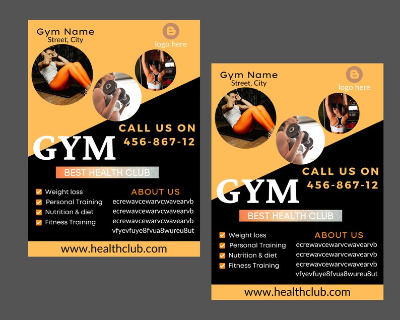 May include: A black and orange gym flyer with the text "GYM" in large white letters. The flyer includes the text "Best Health Club", "Call Us On 456-867-12", "About Us", and "www.healthclub.com". The flyer also includes a list of services offered, including weight loss, personal training, nutrition and diet, and fitness training.