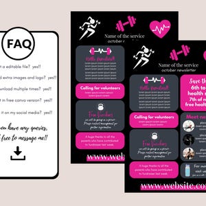 Puede incluir: Folleto digital con fondo negro y acentos rosas, que promociona un servicio de salud. El folleto incluye texto, gr&aacute;ficos de pesas, corazones y corredores, y una secci&oacute;n de preguntas frecuentes. Se muestra la direcci&oacute;n del sitio web.