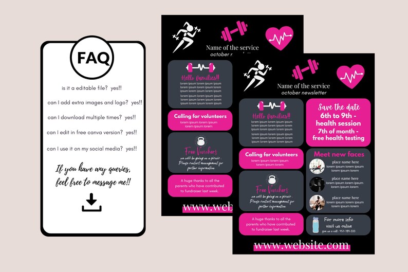 Puede incluir: Folleto digital con fondo negro y acentos rosas, que promociona un servicio de salud. El folleto incluye texto, gr&aacute;ficos de pesas, corazones y corredores, y una secci&oacute;n de preguntas frecuentes. Se muestra la direcci&oacute;n del sitio web.