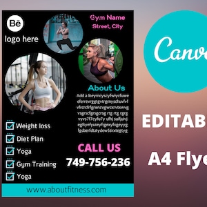 K&ouml;nnte beinhalten: Ein schwarz-wei&szlig;er Flyer mit einem blau-rosa Logo f&uuml;r ein Fitnessstudio namens "Be". Der Flyer wirbt f&uuml;r Gewichtsabnahme, Di&auml;tpl&auml;ne, Yoga und Fitnesstraining. Er enth&auml;lt den Text "About Us", "Call Us", "749-756-236" und "www.aboutfitness.com". Der Flyer enth&auml;lt auch den Text "Editable A4 Flyer" und das Canva-Logo.