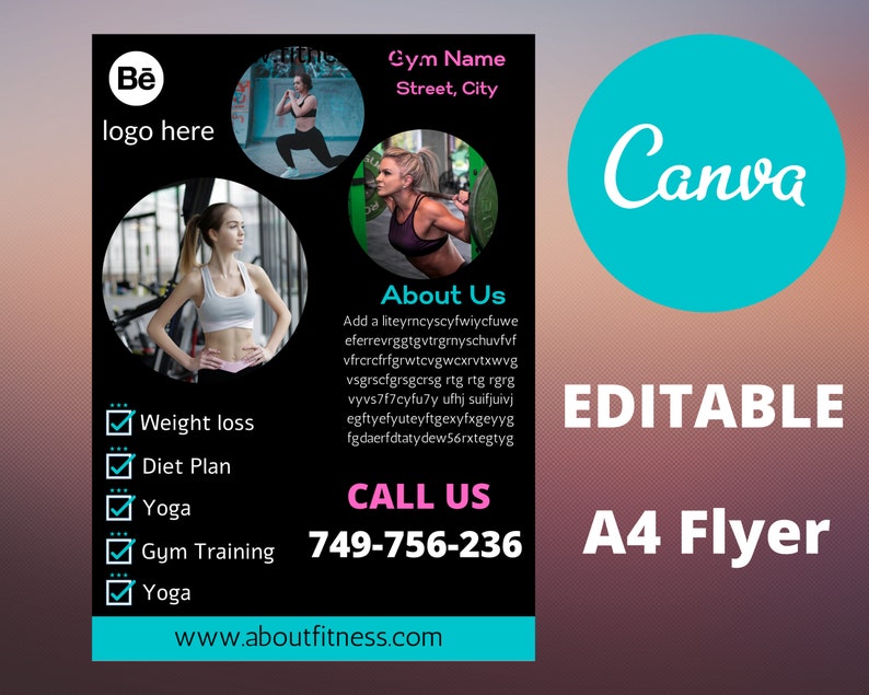 K&ouml;nnte beinhalten: Ein schwarz-wei&szlig;er Flyer mit einem blau-rosa Logo f&uuml;r ein Fitnessstudio namens "Be". Der Flyer wirbt f&uuml;r Gewichtsabnahme, Di&auml;tpl&auml;ne, Yoga und Fitnesstraining. Er enth&auml;lt den Text "About Us", "Call Us", "749-756-236" und "www.aboutfitness.com". Der Flyer enth&auml;lt auch den Text "Editable A4 Flyer" und das Canva-Logo.