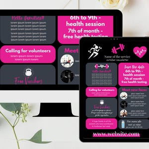 Puede incluir: Un dise&ntilde;o de marketing digital que se muestra en un monitor de computadora y una tableta. El dise&ntilde;o utiliza texto rosa y blanco sobre un fondo negro, promocionando una sesi&oacute;n de salud y oportunidades de voluntariado. La direcci&oacute;n del sitio web es visible.