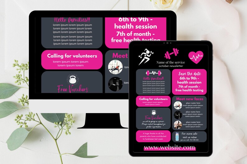 Puede incluir: Un dise&ntilde;o de marketing digital que se muestra en un monitor de computadora y una tableta. El dise&ntilde;o utiliza texto rosa y blanco sobre un fondo negro, promocionando una sesi&oacute;n de salud y oportunidades de voluntariado. La direcci&oacute;n del sitio web es visible.