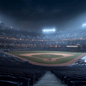 May include: A wide shot of a baseball stadium at night. The field is illuminated by bright stadium lights, with rows of empty seats in the foreground. The sky is dark and overcast.