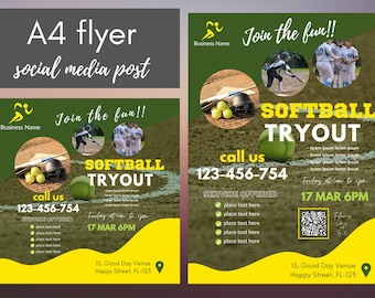 VOLANTE de prueba de sóftbol/Plantilla de volante A4/Publicación en redes sociales/Volante deportivo/Volante editable e imprimible/Entrenador/DIY/Digital/Descarga instantánea