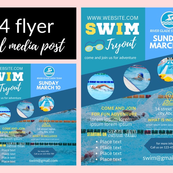 Swim Tryout FLYER| A4 Flyer template|social media post|sports flyer template|Fitness flyer printable|coach|diy|digital|Instant download