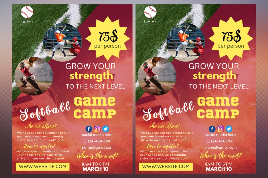 Softball Camp FLYER Canva A4 Flyer Templatecoachsports Flyer fitness