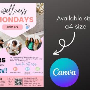 Pu&ograve; includere: Un poster promozionale rosa e bianco per "wellness Mondays" con il testo "Join us" e "Book Now!!". Il poster include immagini di donne sorridenti e dettagli sull'evento, tra cui l'ora, la data e le informazioni di contatto. Formato disponibile a4.