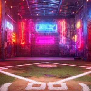 May include: A neon-lit baseball field with a grass infield and white base lines. The walls are covered in graffiti and illuminated by neon signs in various colors. A neon baseball bat hangs on the wall.