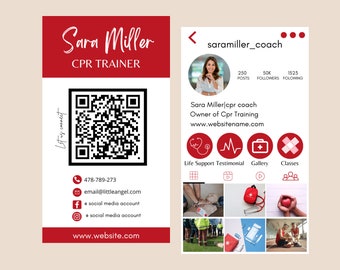 May include: A red and white business card with the name Sara Miller, CPR Trainer. The card includes a QR code, phone number, email address, social media icons, and website address. The card also includes a photo of a woman with the Instagram handle saramiller_coach. The Instagram profile shows 250 posts, 50,000 followers, and 1,525 following.