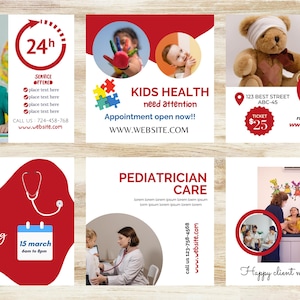 May include: A collage of six images promoting paediatric care. The images feature children, a teddy bear, a stethoscope, and a calendar. The text includes "Kids Health", "Pediatrician Care", "Health Matter", "Booking Open", and "Happy Client Memories".
