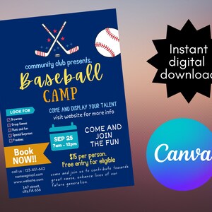 May include: A navy blue flyer promoting a baseball camp, featuring crossed baseball bats and a baseball graphic. The flyer includes event details, a calendar icon, and the text "Instant digital download" and "Canva".