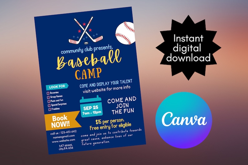 May include: A navy blue flyer promoting a baseball camp, featuring crossed baseball bats and a baseball graphic. The flyer includes event details, a calendar icon, and the text "Instant digital download" and "Canva".