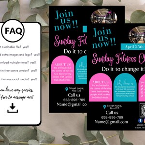 May include: Black and pink flyers promoting "Sunday Fitness Classes." The flyers include the text "Join us now!!" and "Do it to change it!!" with details about the classes, location, and contact information. A separate FAQ card is also present.