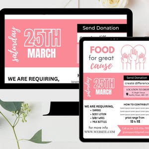 K&ouml;nnte beinhalten: Ein rosa-wei&szlig;er Flyer mit dem Text "Samstag, 25. M&auml;rz" und "Essen f&uuml;r eine gute Sache". Der Flyer wirbt f&uuml;r eine Lebensmittelspende am 25. M&auml;rz und listet ben&ouml;tigte Artikel wie Windeln, K&ouml;rperlotion, Babyt&uuml;cher und Milchflaschen auf. Er enth&auml;lt auch einen Ort, an dem Spenden abgegeben werden k&ouml;nnen, und eine Telefonnummer, die f&uuml;r weitere Informationen kontaktiert werden kann.