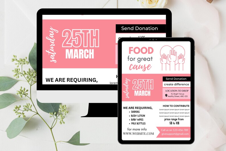 K&ouml;nnte beinhalten: Ein rosa-wei&szlig;er Flyer mit dem Text "Samstag, 25. M&auml;rz" und "Essen f&uuml;r eine gute Sache". Der Flyer wirbt f&uuml;r eine Lebensmittelspende am 25. M&auml;rz und listet ben&ouml;tigte Artikel wie Windeln, K&ouml;rperlotion, Babyt&uuml;cher und Milchflaschen auf. Er enth&auml;lt auch einen Ort, an dem Spenden abgegeben werden k&ouml;nnen, und eine Telefonnummer, die f&uuml;r weitere Informationen kontaktiert werden kann.