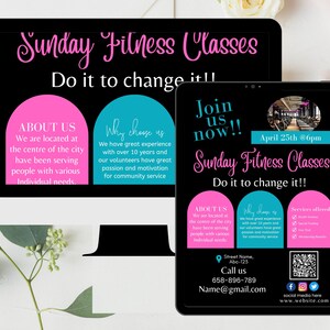 May include: A digital advertisement for Sunday Fitness Classes displayed on a computer monitor and a tablet. The design features pink and teal accents on a black background, with the text "Sunday Fitness Classes" and "Do it to change it!!".