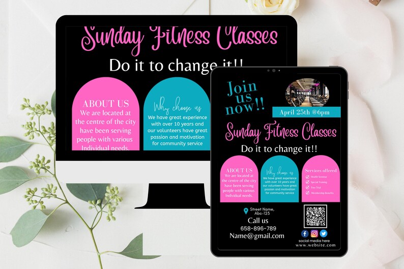 May include: A digital advertisement for Sunday Fitness Classes displayed on a computer monitor and a tablet. The design features pink and teal accents on a black background, with the text "Sunday Fitness Classes" and "Do it to change it!!".