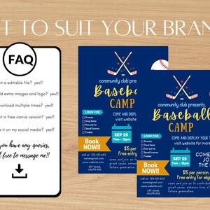 May include: A digital flyer for a baseball camp, featuring a navy blue background with yellow and white text. The design includes baseballs, crossed baseball bats, and event details. An FAQ section is also included.
