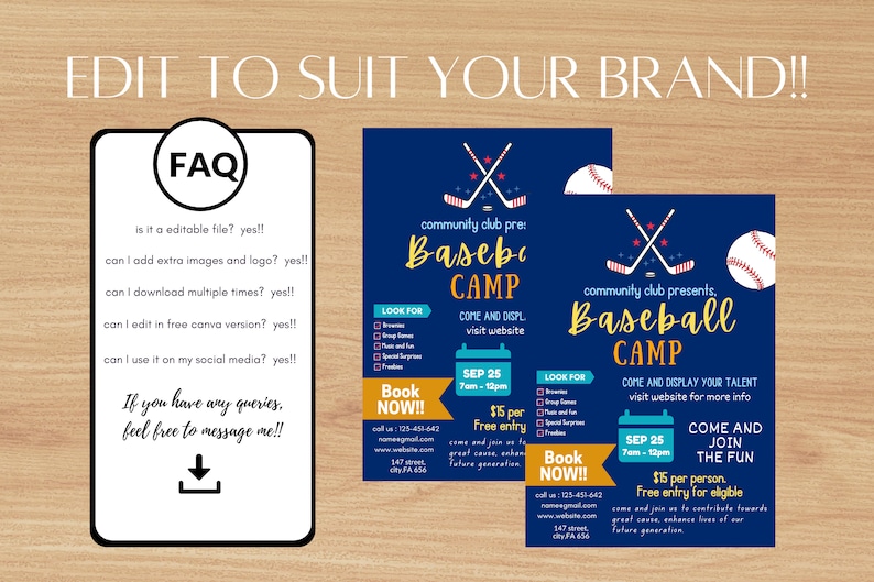 May include: A digital flyer for a baseball camp, featuring a navy blue background with yellow and white text. The design includes baseballs, crossed baseball bats, and event details. An FAQ section is also included.