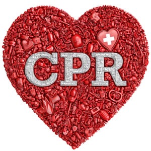 May include: A heart-shaped graphic composed of numerous small red medical-themed icons and objects. The letters CPR are prominently displayed in the center in a textured silver font. A small red heart with a white cross is visible at the top right.