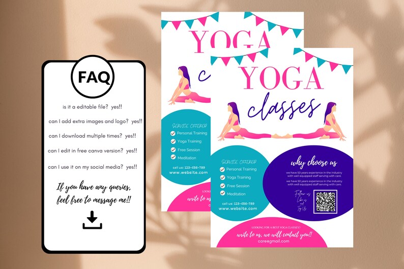 May include: A pink and blue flyer advertising yoga classes. The flyer features two women in yoga poses and includes information about the services offered, such as personal training, yoga training, free sessions, and meditation. The flyer also includes a QR code and the text "why choose us" with a list of reasons why someone should choose this yoga studio.