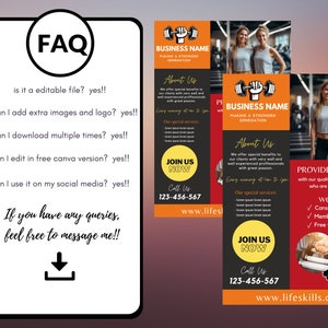May include: A set of promotional flyers for a fitness business. The flyers feature images of women, gym equipment, and text including "FAQ", "Business Name", "About Us", and contact information. The color scheme includes orange, black, and white.