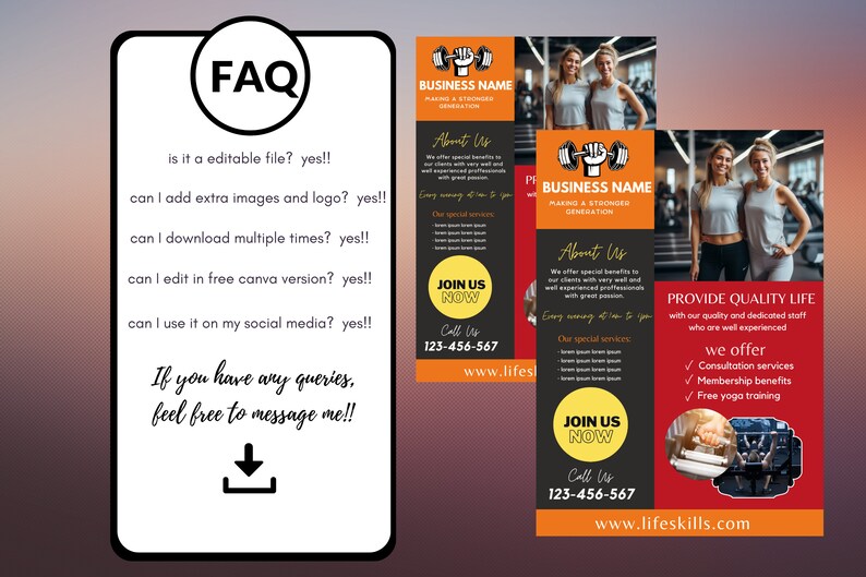May include: A set of promotional flyers for a fitness business. The flyers feature images of women, gym equipment, and text including "FAQ", "Business Name", "About Us", and contact information. The color scheme includes orange, black, and white.
