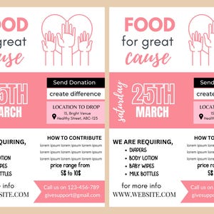 K&ouml;nnte beinhalten: Ein rosa Flyer mit dem Text "FOOD for great cause" und "25TH MARCH" in Wei&szlig;. Der Flyer wirbt f&uuml;r eine Lebensmittelspende am 25. M&auml;rz, mit einer Liste der ben&ouml;tigten Artikel und einem Ort, an dem Spenden abgegeben werden k&ouml;nnen. Der Flyer enth&auml;lt auch eine Telefonnummer und eine E-Mail-Adresse f&uuml;r weitere Informationen.