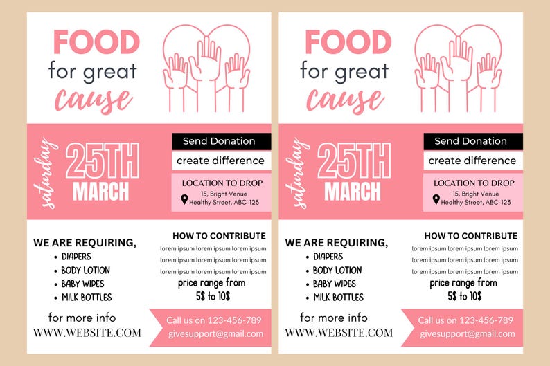 K&ouml;nnte beinhalten: Ein rosa Flyer mit dem Text "FOOD for great cause" und "25TH MARCH" in Wei&szlig;. Der Flyer wirbt f&uuml;r eine Lebensmittelspende am 25. M&auml;rz, mit einer Liste der ben&ouml;tigten Artikel und einem Ort, an dem Spenden abgegeben werden k&ouml;nnen. Der Flyer enth&auml;lt auch eine Telefonnummer und eine E-Mail-Adresse f&uuml;r weitere Informationen.